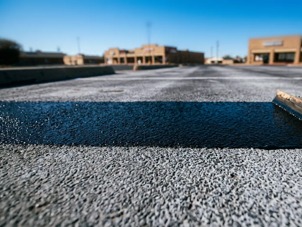 Squeegee application of black asphalt sealer across a commercial parking lot surface in Amarillo, Texas