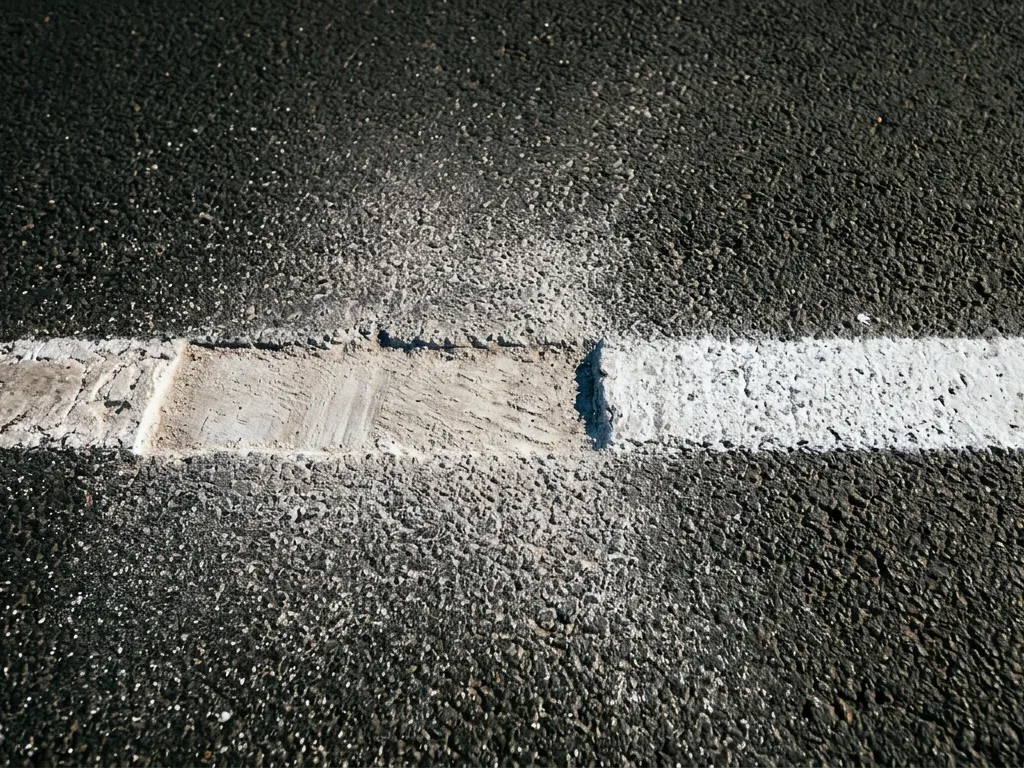 Grinder removing an old white pavement marking from asphalt, leaving a shallow scar, in Amarillo, Texas